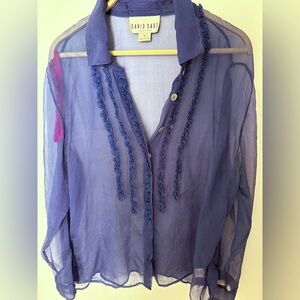 David Dart Women's Sheer ruffle front Blue button up blouse
